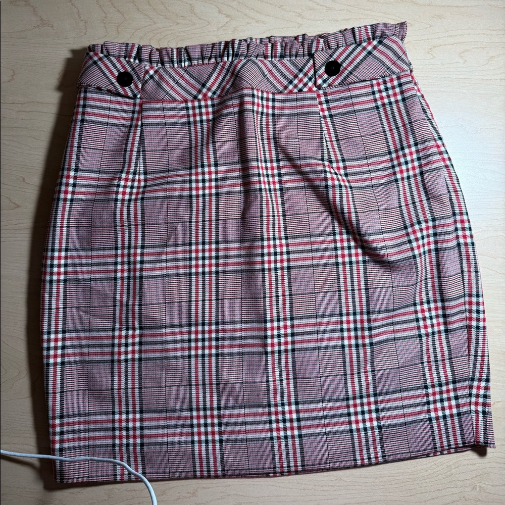 Express Red & Black Plaid Mini Skirt with a ruffle waist and button tab details